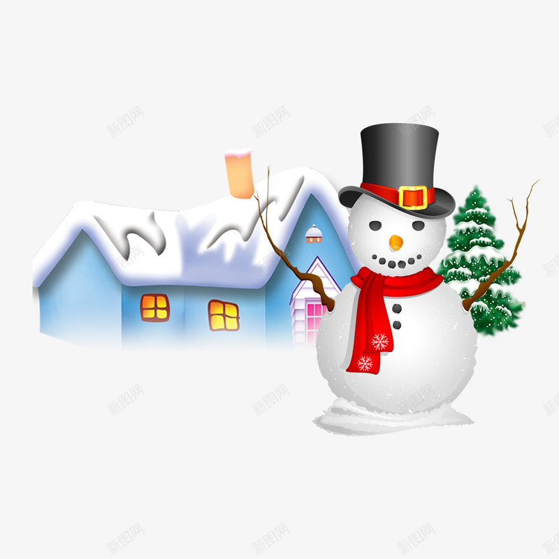 雪地上的房屋和雪人psd免抠素材_新图网 https://ixintu.com 树 红色围巾 蓝色房屋 雪人 黑色帽子