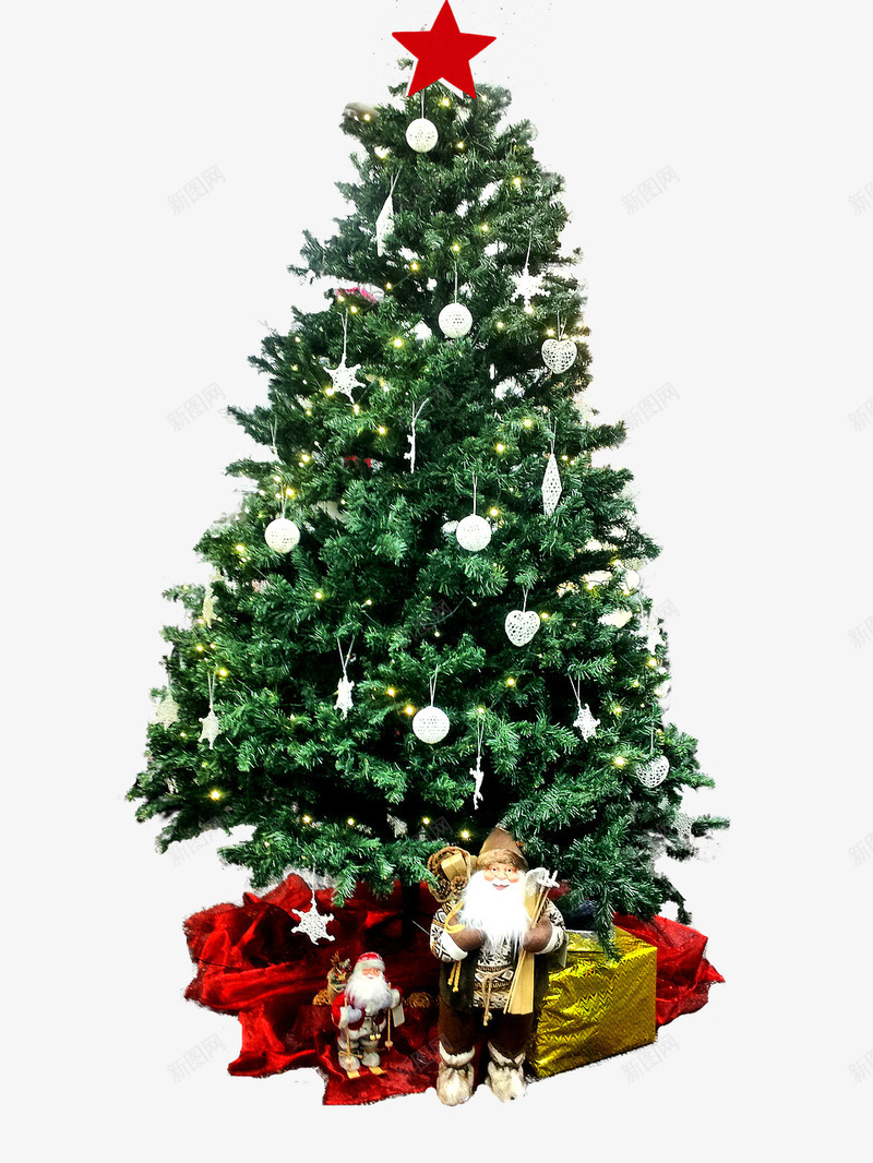 挂满白色灯的圣诞树png免抠素材_新图网 https://ixintu.com 圣诞树 圣诞节 圣诞老人 礼物 红色五角星 星星 树木 灯光 节日