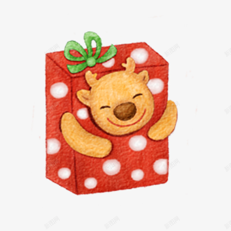 圣诞礼物里的小鹿png免抠素材_新图网 https://ixintu.com 包装盒 小鹿玩具 白斑点红底盒子 礼盒 蝴蝶结