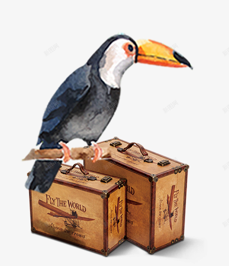 卡通木头盒子上站立的鸟psd免抠素材_新图网 https://ixintu.com 免抠鹦鹉 卡通 复古 木头盒子上 站立的鸟 行李箱