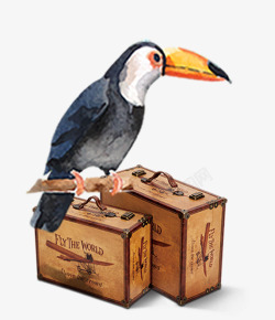 卡通木头盒子上站立的鸟素材