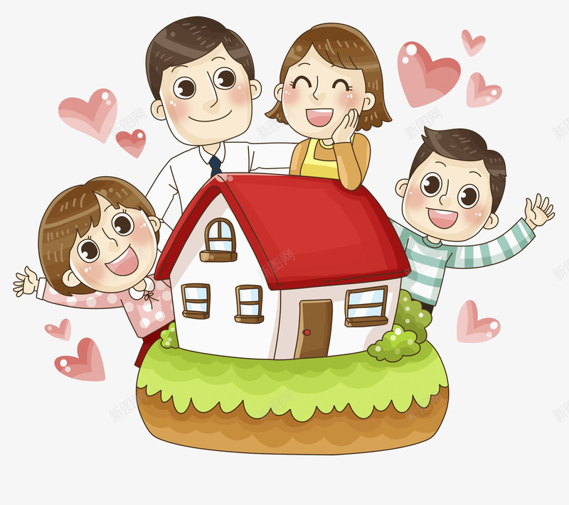 温馨的家人png免抠素材_新图网 https://ixintu.com 一家人 卡通 房子 温馨的 红色的 绿色的 高兴地