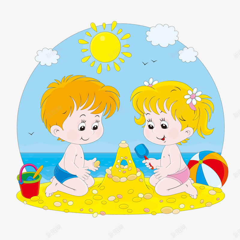 卡通沙滩玩耍的儿童矢量图ai免抠素材_新图网 https://ixintu.com 儿童人物 卡通 度假 海边 玩沙子 玩耍 矢量图