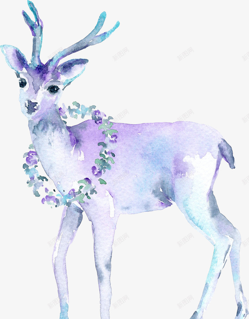 手绘水彩紫色麋鹿png免抠素材_新图网 https://ixintu.com 动物 小鹿 紫色淡雅 紫色花环 高贵 麋鹿