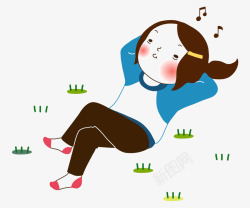 平面女娃素材躺草地上的哼歌女娃卡通高清图片