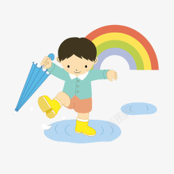 踩水卡通可爱插图拿雨伞走在水洼中的高清图片