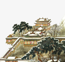 山间庭院中国设色画素材