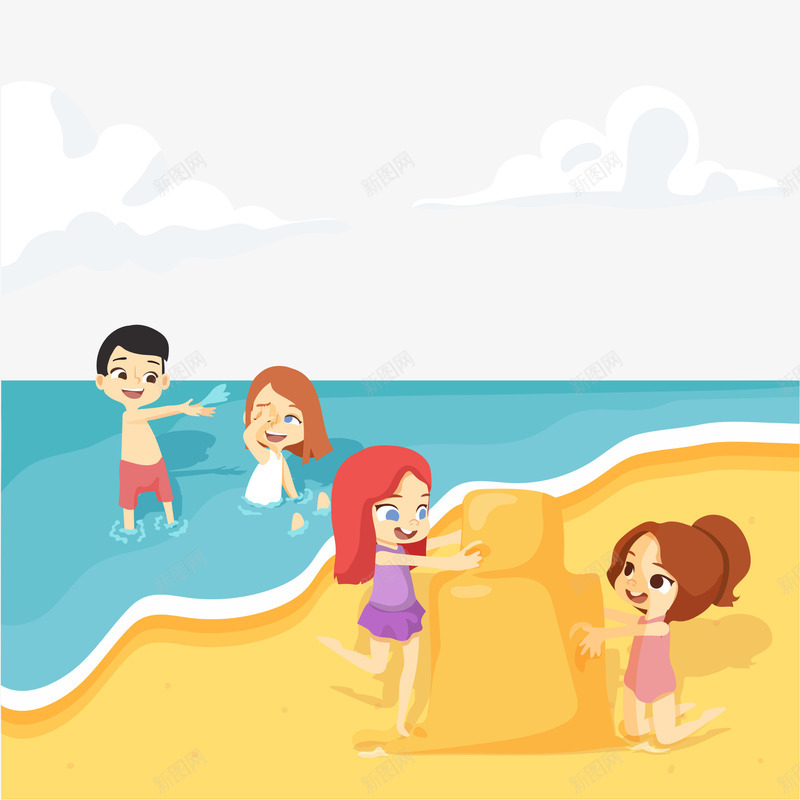 沙滩玩耍插画png免抠素材_新图网 https://ixintu.com 堆沙堡 堆沙子 开心 海边 玩水