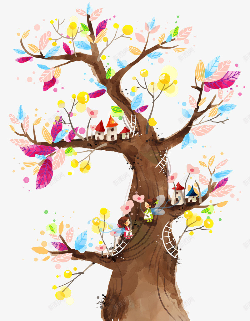 手绘水彩可爱树背景png免抠素材_新图网 https://ixintu.com 可爱 彩色 房子 手绘 树 水彩