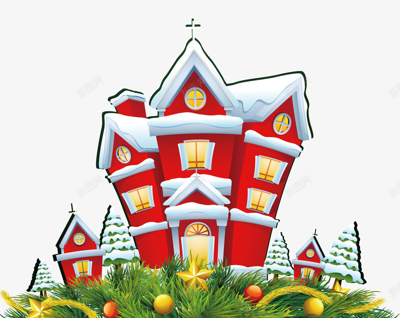 卡通红色房屋和松树叶png免抠素材_新图网 https://ixintu.com 卡通 松树叶 红色房屋
