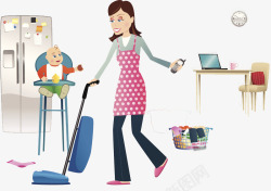 看护孩子正在家中打扫房间的妇女高清图片