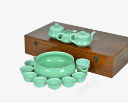 产品实物青瓷茶具套装木盒子素材