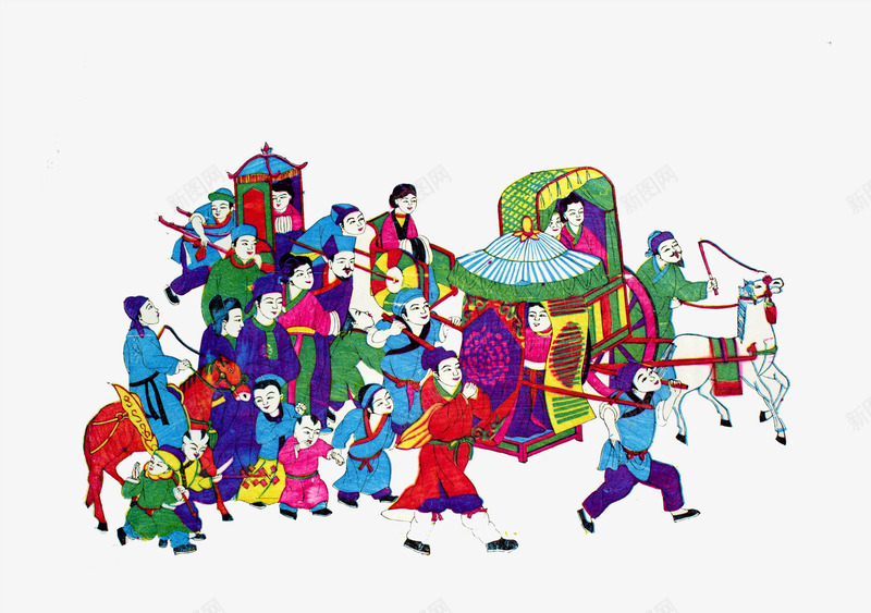 传统中国风人物年画png免抠素材_新图网 https://ixintu.com 传统人物图 传统年画 前呼后拥 年画人物图 抬轿 轿子车马 马车