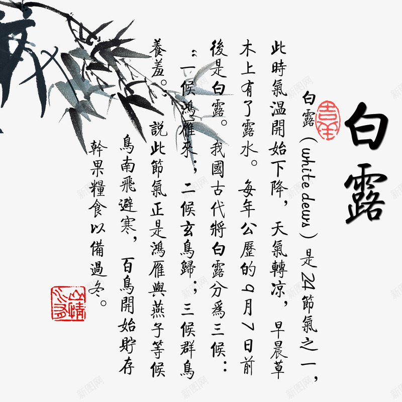 白露节气psd免抠素材_新图网 https://ixintu.com 二十四节气 文字 白露 竹叶 节气