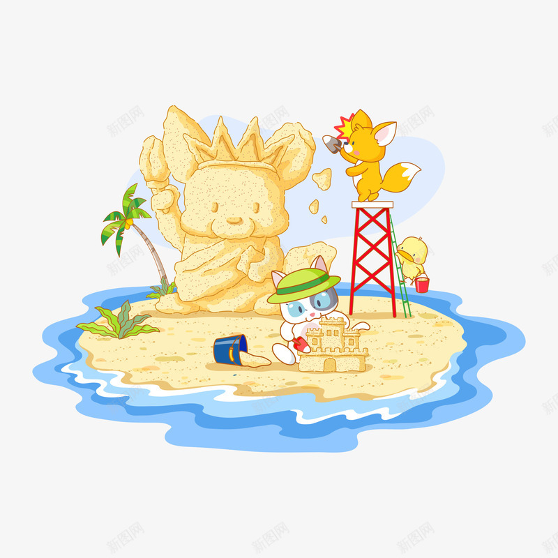 动物插画矢量图ai免抠素材_新图网 https://ixintu.com 可爱 沙滩 猫咪 矢量图
