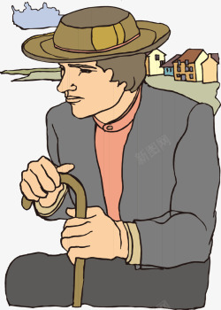 平面外国人素材卡通手绘戴帽子外国人彩色房屋高清图片