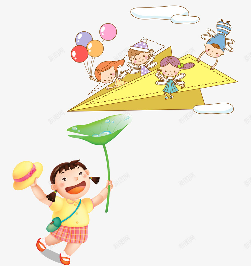 坐在纸飞机的孩子们png免抠素材_新图网 https://ixintu.com 儿童 卡通 幼儿 纸飞机 荷叶