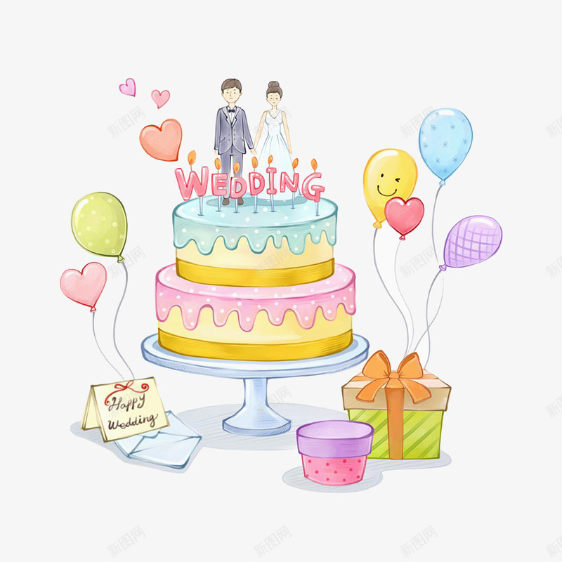 结婚蛋糕插画png免抠素材_新图网 https://ixintu.com 双层蛋糕 周年纪念 婚姻 情侣 气球 礼物 花