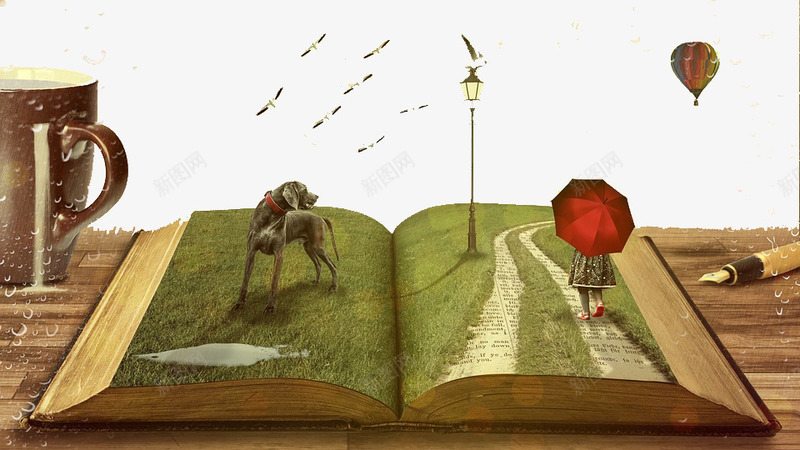 书上的风景png免抠素材_新图网 https://ixintu.com 书中道路 书本 书桌 书籍 撑伞的小女孩 水杯 道路上的小女孩