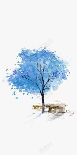 蓝色冬季树房屋水墨风png免抠素材_新图网 https://ixintu.com 冬季 房屋 树 水墨风 蓝色