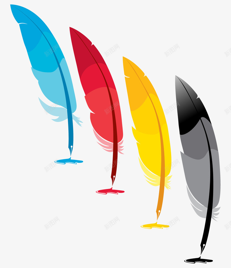 四种不同颜色的卡通羽毛笔png免抠素材_新图网 https://ixintu.com 不同 卡通 毛笔 颜色