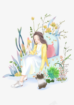 犯困的小美女手绘插画小美女植物高清图片