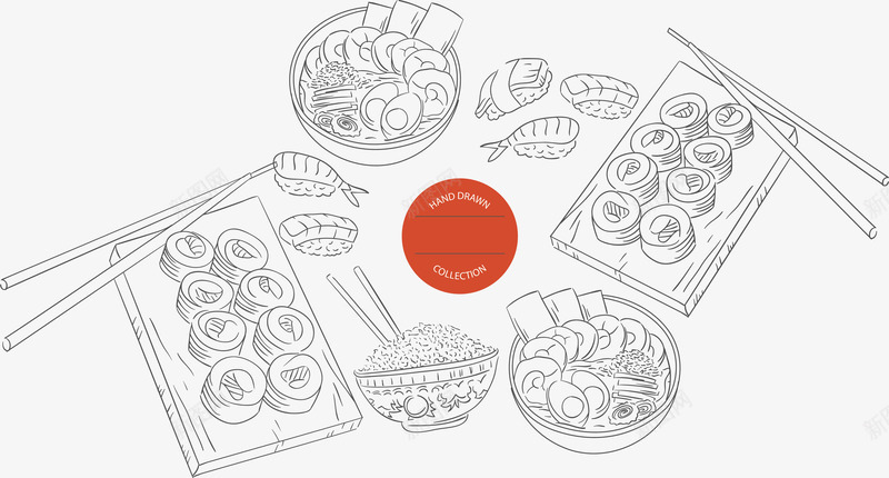手绘食物插画png免抠素材_新图网 https://ixintu.com 东方美食 关东煮 刺身 寿司 手绘 插画 日本料理 米饭 食物