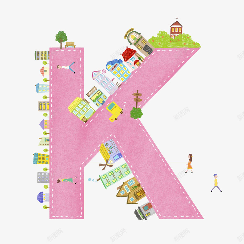卡通手绘大写字Kpng免抠素材_新图网 https://ixintu.com 剪影 大写字母K 建筑 房子 插图 粉色的 英文