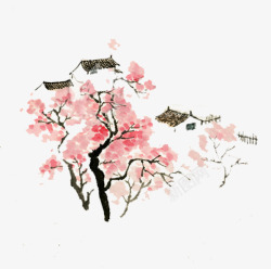 水墨桃树桃花和房子高清图片