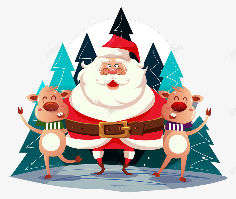 卡通麋鹿和圣诞老人装饰png免抠素材_新图网 https://ixintu.com 卡通人物 圣诞树 圣诞老人 圣诞装饰元素 森林