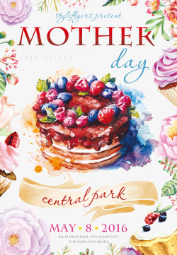矢量水果芒果手绘母亲节水彩蛋糕海报