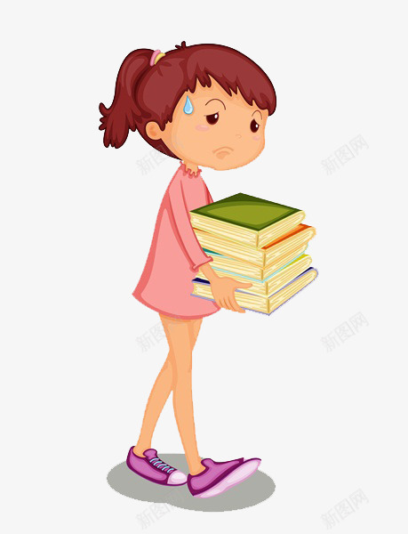 拿着很多书的女孩png免抠素材_新图网 https://ixintu.com 书本 伤心 卡通手绘 卡通汗珠 装饰 重担
