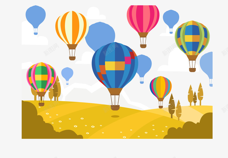 乘坐热气球png免抠素材_新图网 https://ixintu.com 乘坐 创意 卡通 条纹 松树 热气球 白云 红色 蓝色