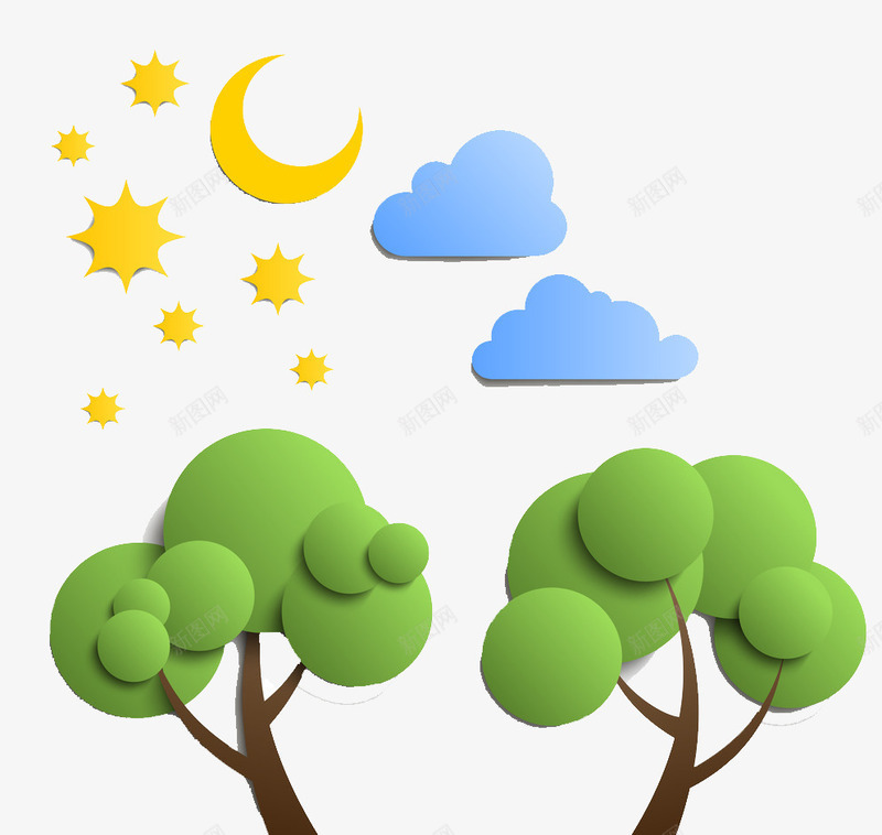 夜晚的两棵小树png免抠素材_新图网 https://ixintu.com 云彩 卡通 星星 月亮 两棵 小树 