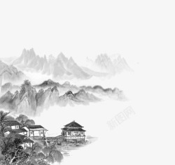 古风小村庄水墨画古风高清图片