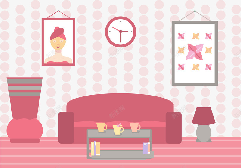 粉色女孩房间png免抠素材_新图网 https://ixintu.com 壁画 女孩的梦想小屋 房间 时钟 沙发 粉色