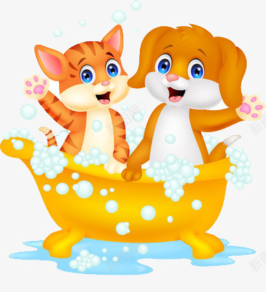 卡通猫和狗洗澡png免抠素材_新图网 https://ixintu.com 动物 泡沫 盆子