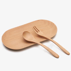 叉子实木餐具盘子高清图片