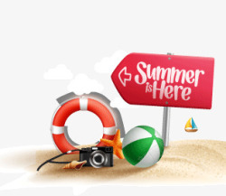 summer沙滩指示牌红色游泳圈素材