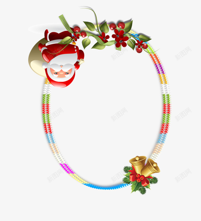 圣诞饰品装饰的边框png免抠素材_新图网 https://ixintu.com 圣诞老人 圣诞节框子 圣诞铃铛 彩色珠子装饰的相框 椭圆边框 项链边框
