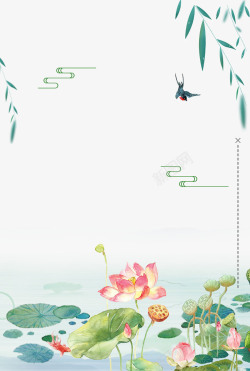 荷花与燕子绿色手绘夏日海报边框高清图片