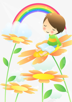 坐在彩虹上的小朋友坐在花朵上的卡通儿童高清图片