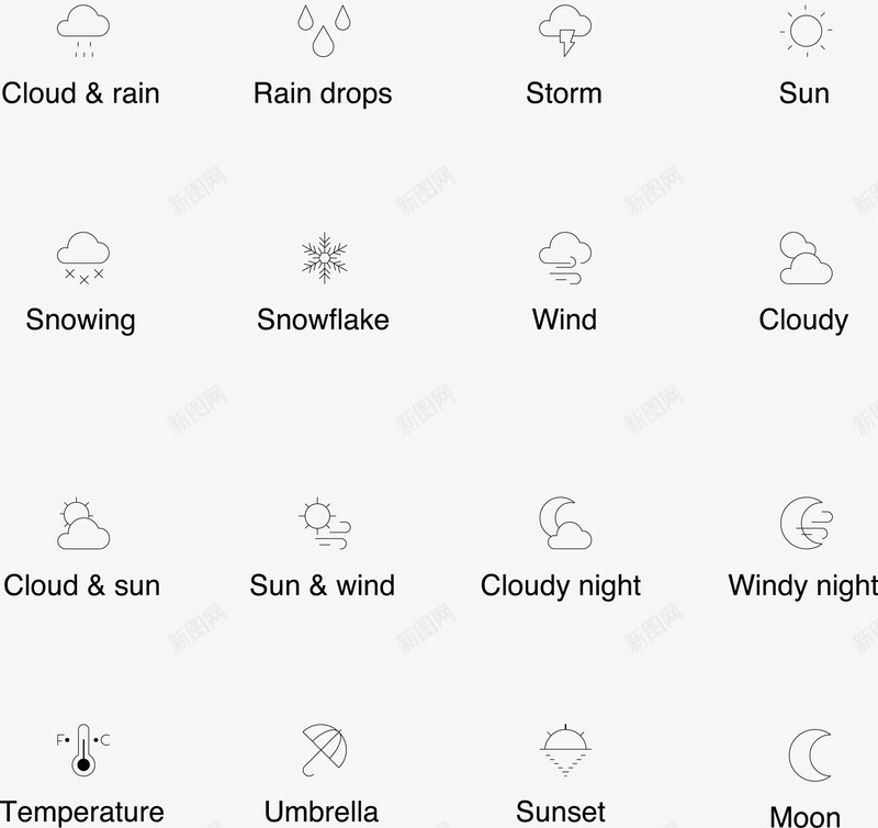 天气预报线型标icon图标png_新图网 https://ixintu.com ico icon 天气预报 气温表 矢量图标 线型 风雨气温图