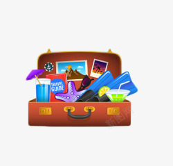 旅行物品堆满物品的卡通行李箱高清图片