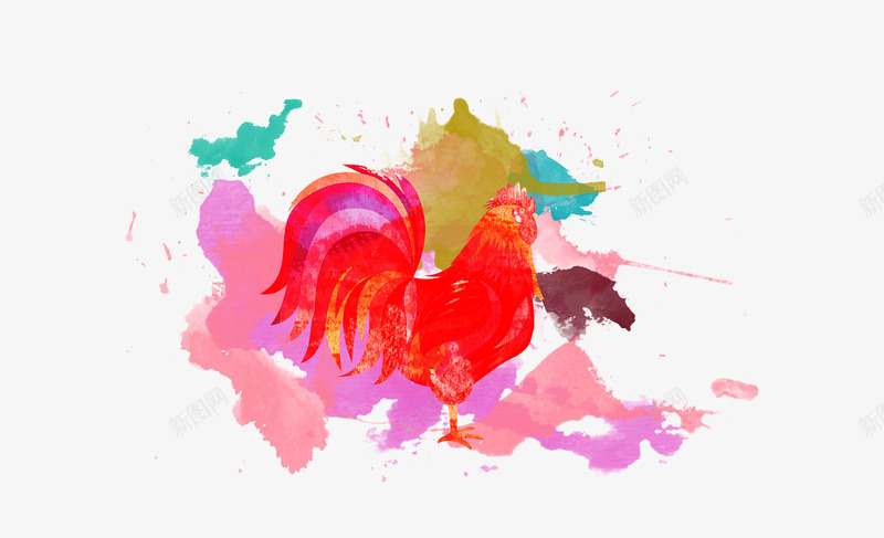 水彩画公鸡png免抠素材_新图网 https://ixintu.com 公鸡 水彩画 红色 背景装饰 鸡年元素