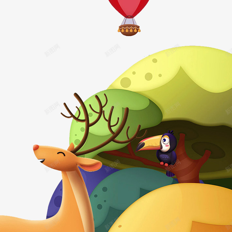 卡通动物png免抠素材_新图网 https://ixintu.com 动物 卡通 可爱 手绘 数目 树木 梅花鹿 森林 绿色 自然 长颈鹿 风景