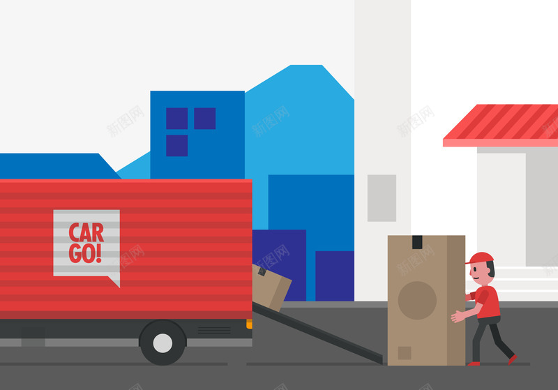 搬运货物上车png免抠素材_新图网 https://ixintu.com 卡车 建筑 搬货 红色 蓝色 货车