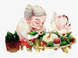 老母亲和奶奶包粽子高清图片
