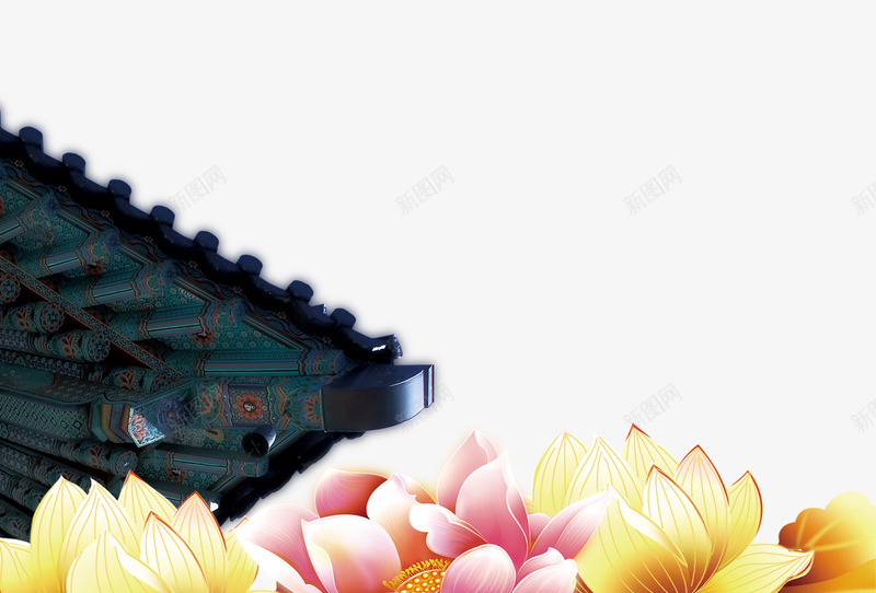 中国风元素png免抠素材_新图网 https://ixintu.com 中国风 中国风元素 海报装饰 老房子 花朵
