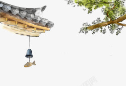 松树叶插画手绘古建筑屋檐高清图片